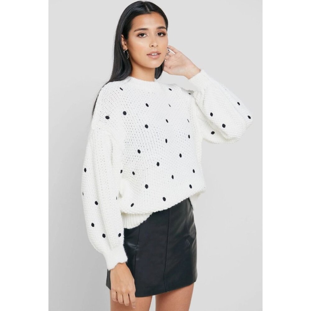 Topshop White Black Embroidered Polka Dot Puff Sleeve Crop Sweater Size 8-10/ M